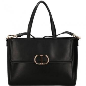 Twinset Black Leather Shopper Bag Brera - Size: ONE SIZE - Female
