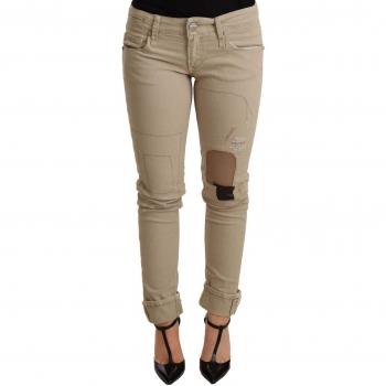Beige Denim Cotton Bottom Slim Fit Folded Pant