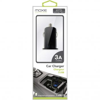 Cargador para Coche 2 Puertos USB (1A + 2A) Moxie 3A Adaptador Auto Negro