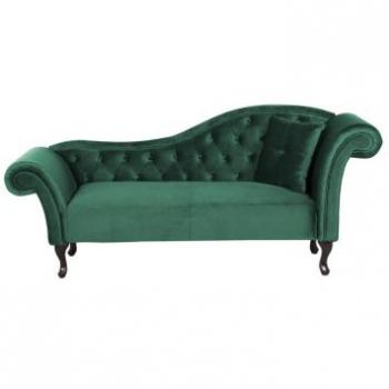 Chaise Longue Lattes de Terciopelo Verde Oscuro Acolchado Capitonné Versión Derecha con Cojín