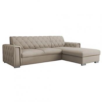 Sofá rinconero Columbus 203 con función de descanso y caja de ropa de cama, 267x185x85cm, color marrón claro