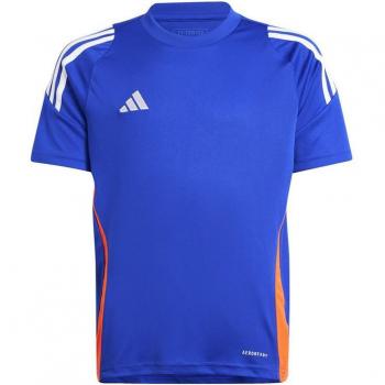 Camiseta de fútbol adidas Tiro 24 infantil azul/blanco con tecnología Climalite, diseño moderno, tejido ligero y transpirable, logotipo de adidas estampado en el pecho, corte regular fit y detalles en contraste