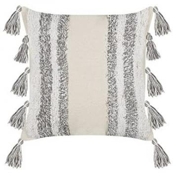 Cojín decorativo de algodón beige y gris 45 x 45 cm con borlas y patrón a rayas