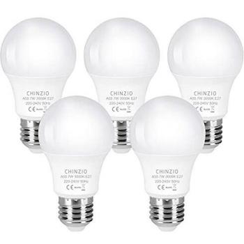 CHINZIO Bombilla E27 LED 7W, 6500K Luz Blanca Fría, 550 Lúmenes, Equivalente a 70W Incandescente, Ángulo 280°, AC 220-240V, No Regulable - 5 Unidades