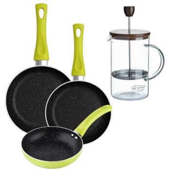 Set 3 Sartenes San Ignacio (20+24+28cm) Aluminio Prensado Verde + Delantal de Cocina Gris Oscuro 100% Algodón + Cafetera de Émbolo de Vidrio Borosil
