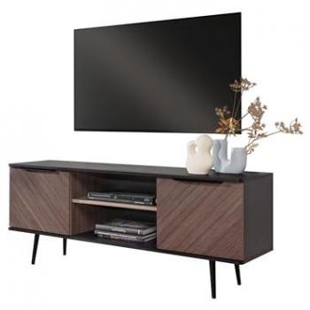 Mueble TV Providence S112, 150x60x41cm, grafito, madera oscura, con dos puertas y detalles en metal negro