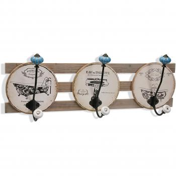 Versa 18190263 Perchero de Pared Vintage 3 Ganchos, Madera y Metal, Blanco, Negro y Azul, 20 x 10,5 x 54 cm