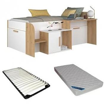 Cama alta 90 x 200 cm con escritorio y almacenamiento, color blanco y natural, incluye somier y colchón - modelo PEDRO