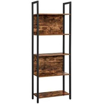 Librería industrial de 5 niveles con marco de acero estable, acabado en marrón rústico y negro, ideal para oficina, sala de estar y entrada