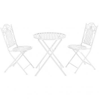 Set Bistro Biella - 3 Piezas - Mesa Redonda y 2 Sillas Plegables de Metal Blanco - 71 x 60 cm