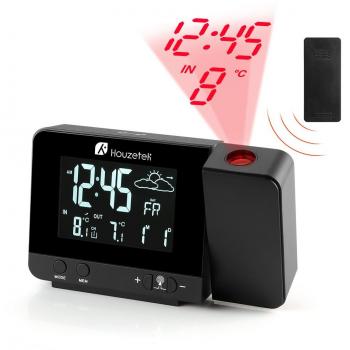 RELOJ PROYECTOR, Houzetek Reloj y Despertador Proyección con Estación Meteorológica, 2 despertadores con Snooze Ajustable, Temperatura Exterior y Interior, Barómetro de Predicción
