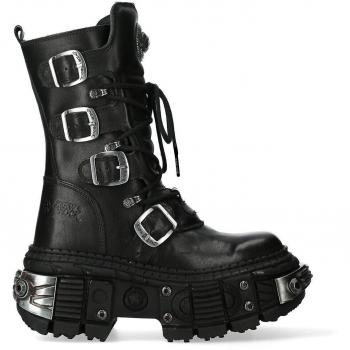 New Rock Unisex Metallic Black Leather Platform Gothic Mid Calf Boots - Size EU 45