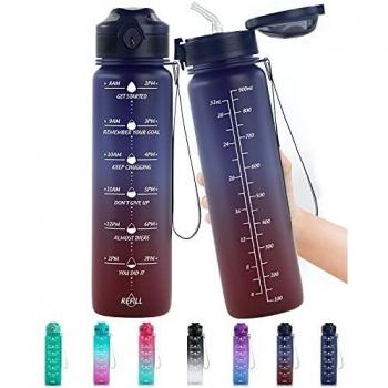 Lunidry Botella de Agua Deportiva, 1L Reutilizable Motivacional Botella Agua Sin Bpa Tritan Plástico con Marcador de Tiempo & Pajita para Niños, Deporte, Gym, Gimnasio, Bicicleta, Trekking