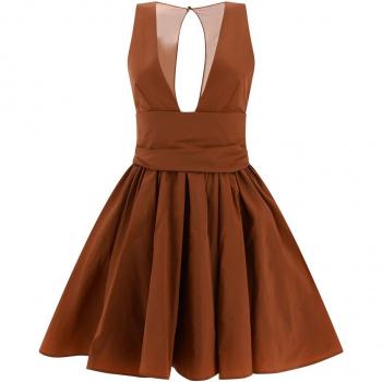 Pinko Women's Sleeveless Taffeta Short Dress with Ruffles and V-Neck in Brown | Size S | 102777Y3LEL44