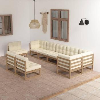 Conjunto de muebles de jardín de 9 piezas en madera de pino maciza con cojines