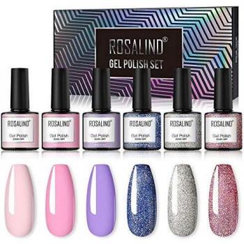 ROSALIND Esmalte de Uñas Semipermanente Uñas de Gel UV LED Kit de Manicura 6pcs Pintauñas Semipermanente Pastel de Brillo y caja de regalo 10ml