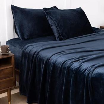 Bedsure Sabanas Coralina 135 Invierno - Juego Sábanas 135 x 190 Franela 4 Piezas, Sabanas Polar Termica Cama 135, Sabana Bajera Ajustable 135x190 con Encimera, Azul Marino