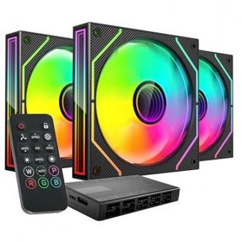 Kit de 3 Ventiladores PWM FDB 120mm ARGB con Hub y Control Remoto Mars Gaming MF-3DPROKIT, Iluminación Infinity Mirror, Negro