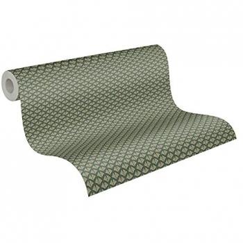 Papel Pintado Vinílico Art Deco Verde Oscuro con Estampado Dorado Geométrico - 0.53 x 10.05 m