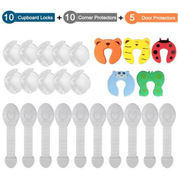XiDe Kits de Seguridad para Bebé Niños 10 x Cierres de Seguridad Armario y Cajones 10 x Protector de Esquinas y Bordes 5 x Tope de Puerta Protector Dedos Prueba Infantil Puerta Mueble Cajón Seguridad