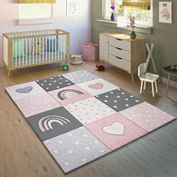 Alfombra Infantil Pelo Corto Arco Iris Corazón Lunares Rosa Blanco Ø 200 cm Redonda