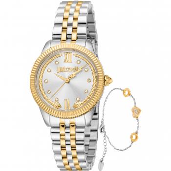 Just Cavalli Women's Analog Quartz Watch with Gray-Silver Strap and Dial, Yellow Gold Accents - Model JC1L315M0085
