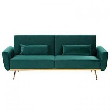 Sofá cama tapizado en terciopelo verde esmeralda 3 plazas con patas de metal y cojines adicionales retro Eina