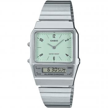 Casio Vintage Dual Time Analog Digital Quartz Watch with Stainless Steel Bracelet and Green Dial