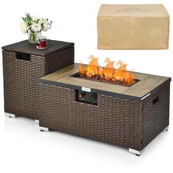 32x20 Brown Rattan Propane Fire Pit Table Set with Side Table, Tank & Cover - 40,000 BTU