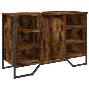 Mueble de lavado de baño Smoke Oak 91x35x60 cm en Aglomerado, armario lavabo baño madera ingeniería roble ahumado 91x35x60 cm, armario bajo lavabo con espacio de almacenamiento, acabado en