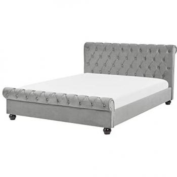Cama Doble Tapizada en Terciopelo Gris Claro con Cabecero Acolchado Estilo Chesterfield 160 x 200 cm Avallon