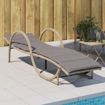 Tumbona solar de ratán sintético beige con cojín, dimensiones 60x199x42 cm