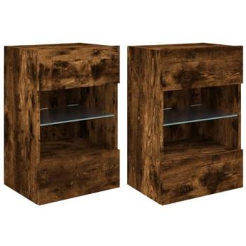 Mueble de TV de pared con estantería multimedia y luces LED RGB, 2 piezas, roble ahumado, 40 x 30 x 60.5 cm