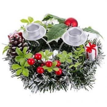 Portavelas Navideño Rojo Multicolor de Metal y Plástico con Piñas, 15 cm