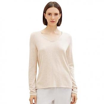 Jersey de mujer Tom Tailor de manga larga y cuello en pico, mezcla de algodón y viscosa, color marrón melange (Desert Sand Melange), talla XL
