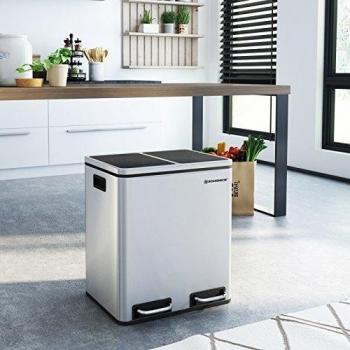 Basurero Reciclaje Cubo de Basura Cubo de Cocina de Acero Inoxidable con 2 Cubetas Interiores con Pedal Aislar el Olor 2 x 15L Plata