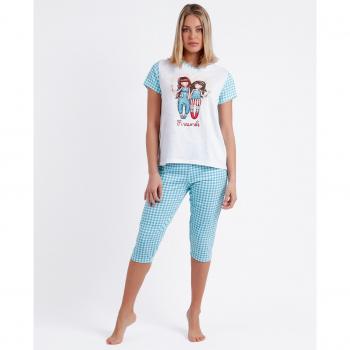 Pijama de mujer Santoro Fireworks blanco y azul, manga corta con dibujo estampado y pantalón corto