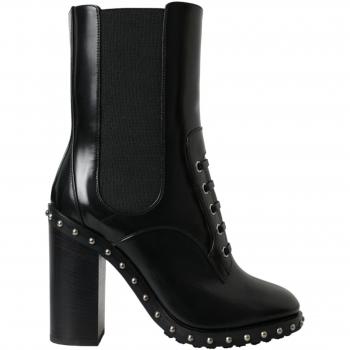 Dolce & Gabbana Black Leather Studded Lace-Up Ankle Boots - EU36/US5.5