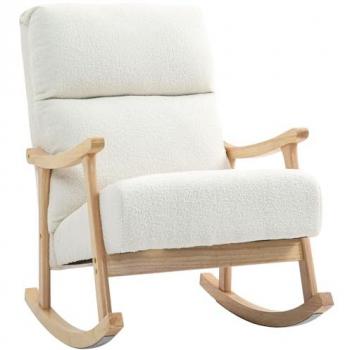 Mecedora Moderna de Borreguito con Patas y Reposabrazos de Madera de Haya, Respaldo Alto, Carga 120 kg, para Dormitorio o Salón, Color Crema