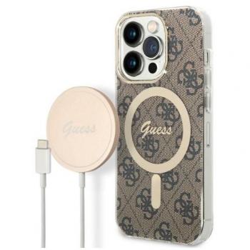 Funda y Cargador Inalámbrico Guess 4G Edition para iPhone 14 Pro Max - Marrón