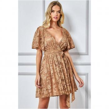 Goddiva Lace Kimono Wrap Skater Mini Dress - Tan, Size 8 UK
