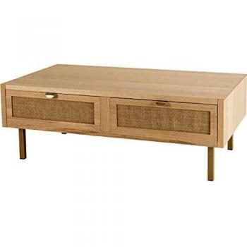 Mesa de centro MACABANE de 110 cm con 2 cajones de yute y patas de metal dorado