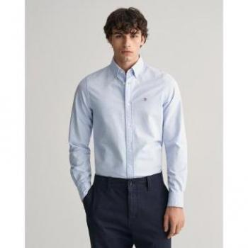 Camisa Oxford Slim Fit Elástica Azul para Hombre Gant 3230115, Casual, Algodón, Clásica, Manga Larga