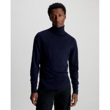 Calvin Klein Men's Superior Wool Navy Blue Turtle Neck Sweater with Logo Embroidery Size L
