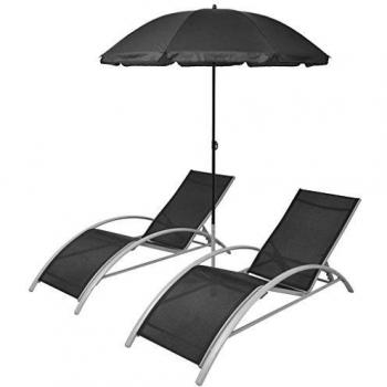 vidaXL Conjunto de 2 Tumbonas con Sombrilla de Jardín de Aluminio Gris y Negro