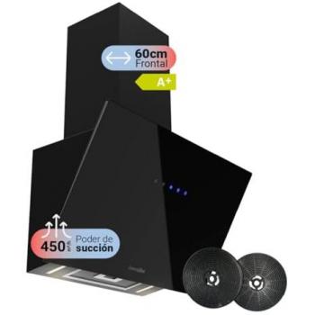 Campana Extractora Inclinada de Cristal Negro 60cm A+ con Succión 450m³/h, Potencia 65W, Temporizador y Filtros Lavables