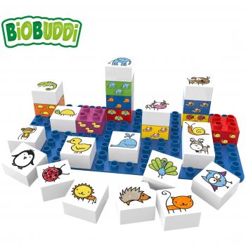 Set de Bloques BiOBUDDi para Aprender Animales, 27 Piezas, Compatible con Lego y Duplo, Fabricado en Bioplástico 97%, Neutro en Carbono, Hecho en la UE