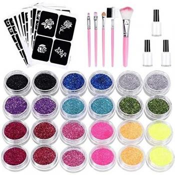 Tatuajes Temporales, Kastiny Kit de Tatuajes Temporales de Tatuaje de Brillo para el Cuerpo para Niños Adolescentes y Adultos, con 24 Colores 143 Hojas Únicas Plantilla de Tatuaje Temático