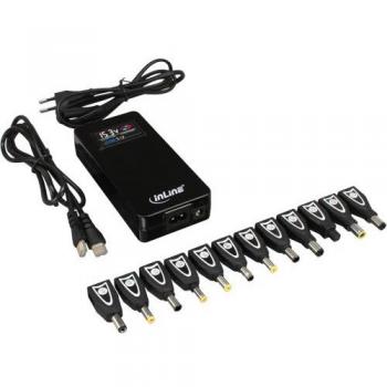 Fuente Universal para Notebooks 90W con Pantalla a Color, USB, 100-240V, Negra y 12 Adaptadores Intercambiables