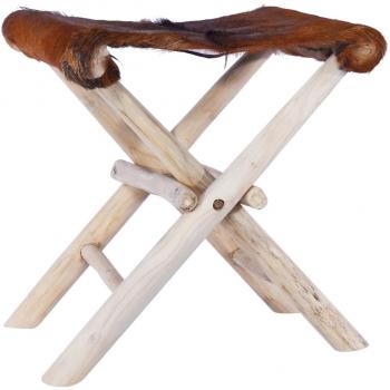 Taburete plegable de cuero genuino de cabra y madera de teca sólida